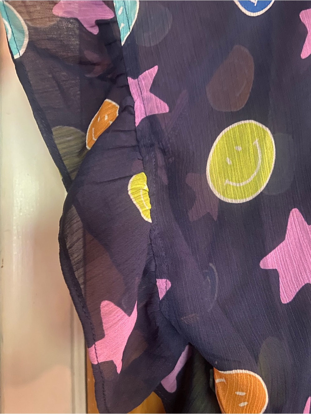 😊💙⭐️🩷EASEL Navy Sheer Ruffled Kimono Bright Smiley/Stars SZ Medium (Oversized) - Picture 3 of 8